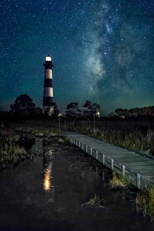 Une promenade mène au phare historique de Bodie Island avec la Voie lactée dans le ciel nocturne au cap Hatteras National Seashore sur les rives extérieures de la Caroline du Nord.