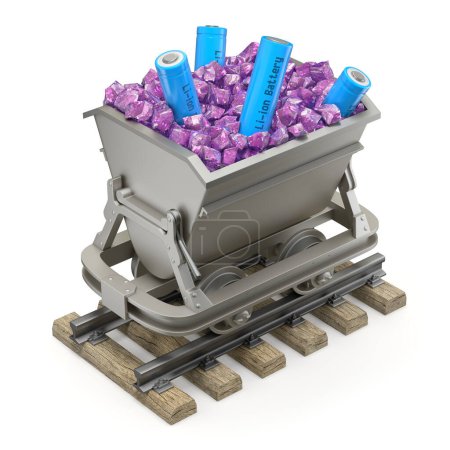 Foto de Mineral de litio con batería de iones de litio en el carro de la minería - Ilustración 3D - Imagen libre de derechos