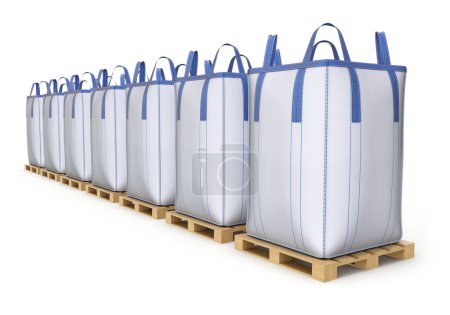 Row of big bulk bags on wooden pallet - 3D illustration