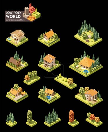 Vektor-isometrisches Weltkartenerstellungsset. Kombinierbare Kartenelemente. Kleine Stadt- oder Dorfgebäude und Häuser, Hausbaustelle, Bäume, Wald mit Touristen beim Picknick