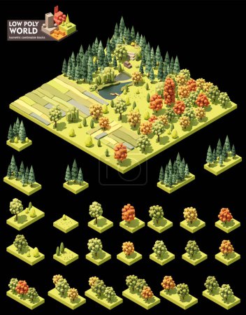 Illustration for Vector isometric world map creation set. Combinable map elements. Forest, fields and ponds - Royalty Free Image