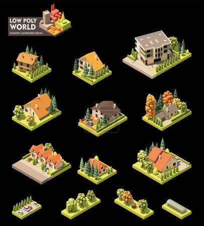 Illustration for Vector isometric world map creation set. Combinable map elements. Countryside or village map. Buildings, trees, gazebo - Royalty Free Image