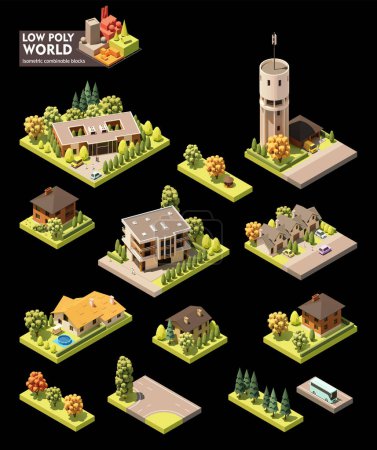 Illustration for Vector isometric world map creation set. Combinable map elements. Countryside or village map. Buildings, trees, water tower and office - Royalty Free Image