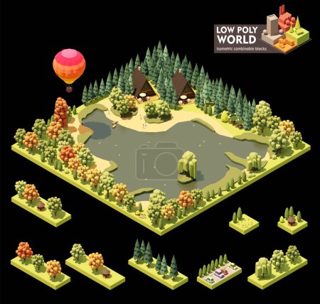 Vector isometric world map creation set. Lake resort. A-frame houses, on the shore of the lake, pine forest, gazebos and balloon, vacationers