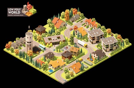 Illustration for Vector isometric world map creation set. Combinable map elements. Small town map. Buildings, trees, water tower and office building - Royalty Free Image