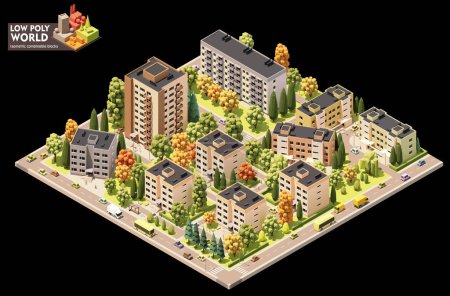 Vector isometric world map creation set. Combinable map elements. Town or city residential area map. Multi storey buildings and streets