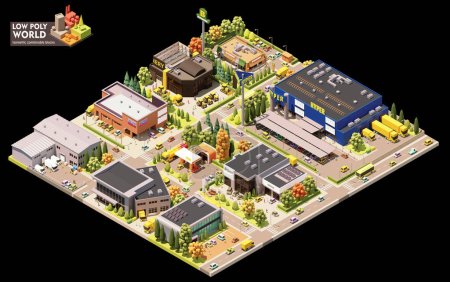 Illustration for Vector isometric world map creation set. Combinable map elements. Town or city commercial area map - Royalty Free Image