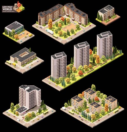 Vektor-isometrisches Weltkartenerstellungsset. Kombinierbare Kartenelemente. Stadt- oder Wohngebietskarte. Mehrstöckige Gebäude und Straßen