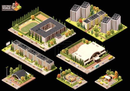 Vector isometric world map creation set. Combinable map elements. Town or city residential area map. Multi storey buildings and streets