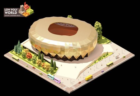 Illustration for Vector isometric stadium building. Modern sports venue exterior. Sport arena, people and transport on the street. Combinable map elements - Royalty Free Image