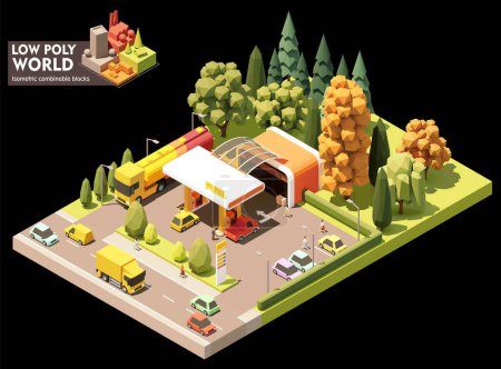 Vector isometric gas station with convenience store. Petrol filling station. Petroleum and diesel fuel pumps, cars, truck with fuel tank trailer