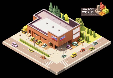 Illustration for Vector isometric supermarket building. Grocery store building exterior. Big shop with car parking - Royalty Free Image
