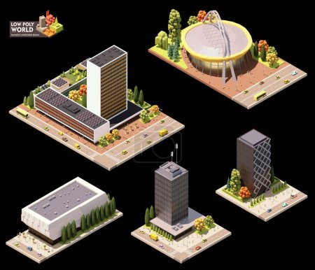 Vektor-isometrisches Weltkartenerstellungsset. Kombinierbare Kartenelemente. Innenstadt oder Stadtplan. Wolkenkratzer, Sportstätten, moderne Gebäude und Straßen