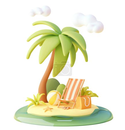 Téléchargez les illustrations : Voyage vectoriel et vacances d'été à la plage illustration de détente. Chaise longue sur plage de sable, palmier, tongs et ballon de plage - en licence libre de droit