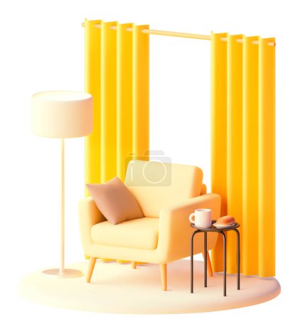 Illustration for Vector armchair with side table and draperies illustration. Modern furniture. Armchair with cushion, coffee table and floor lamp - Royalty Free Image