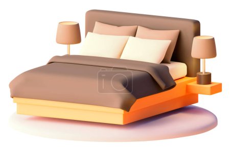 Illustration for Vector bed with bedding and bedside lamps illustration. Modern furniture. Bed with blanket, pillows, lamps - Royalty Free Image