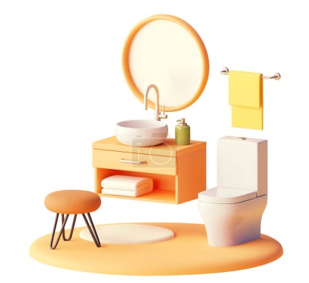 Ilustración de Vector moderno cuarto de baño con cerámica blanca taza del inodoro ilustración. Contador de madera, lavabo y espejo, colgador de toallas y taburete - Imagen libre de derechos