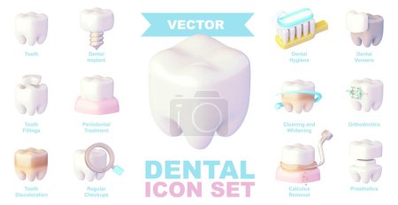 Illustration for Vector dental care icon set. Dentist and orthodontics clinic services. Tooth ceramic veneers, braces, prosthesis, implant, teeth whitening - Royalty Free Image