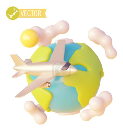 Téléchargez les illustrations : Icône de voyage en avion vectoriel. Parcourez le monde en avion. Caricature planète Terre et avion, nuage, soleil. globe vert et bleu, vol aérien - en licence libre de droit