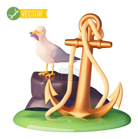Illustration for Vector sea trips and excursions icon. Yacht travel tour. Anchor with a rope in sea water, seagull holding fish - Royalty Free Image