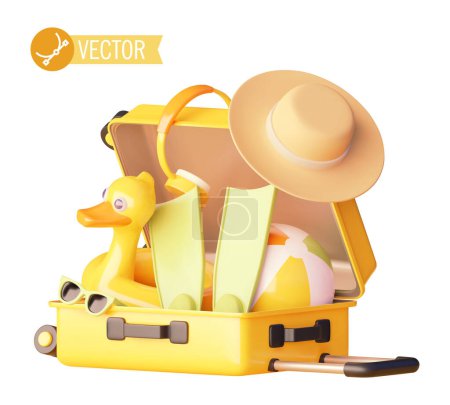 Illustration for Vector icon. Open suitcase packed with travel accessories. Tourist suitcase for beach vacation. Traveler bag, flippers, float, beach ball and sunglasses - Royalty Free Image