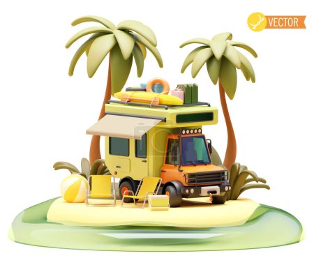 Illustration for Vector camper van on the beach. Offroad camper on the sandy tropical beach, portable camping chairs, RV with kayak boat on the roof, beach ball and palm trees - Royalty Free Image