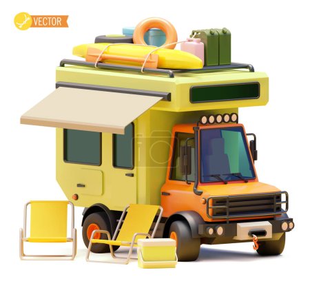 Illustration for Vector camper van on the campsite. Offroad camper, portable camping chairs, RV with kayak boat on the roof - Royalty Free Image