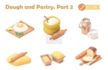 Vector bakery icon set. Kneading dough, baking bread and pastry. Kitchen equipment, bread and pastry ingredients. Working process steps