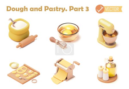 Ilustración de Conjunto de iconos de panadería vectorial. Amasar la masa, hornear pan y pastelería. Equipo de cocina, pan e ingredientes de pastelería. Pasos del proceso de trabajo - Imagen libre de derechos