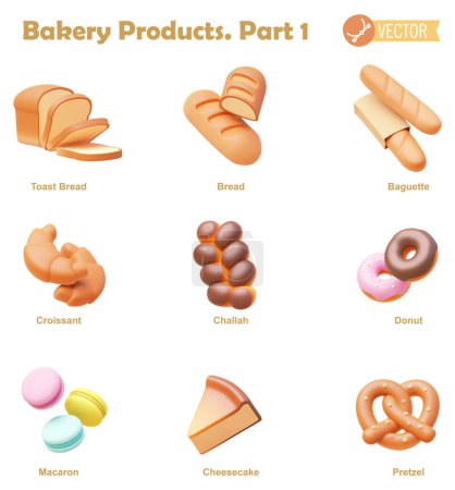 Ilustración de Conjunto de iconos de productos de panadería y pastelería vectorial. Pan, baguette, croissant, jalá, donut, macaron, cheesecake y pretzel iconos - Imagen libre de derechos