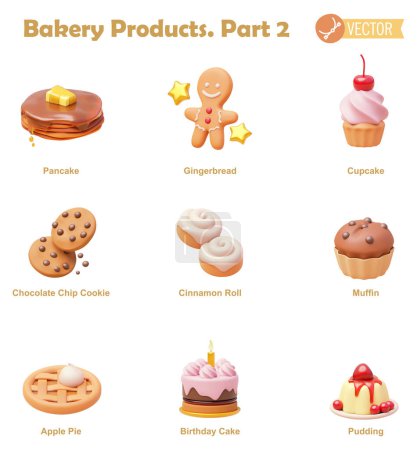 Illustration for Vector bakery and pastry products icon set. Pancake, gingerbread, cupcake, cookies, cinnamon roll, muffin, apple pie, birthday cake and pudding icons - Royalty Free Image