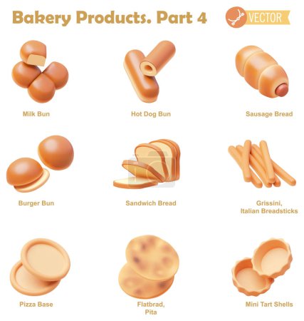 Vector bakery and pastry products icon set. Milk bun, hot dog and burger buns, sausage bread, sandwich bread, grissini, pizza base, flatbread, tart