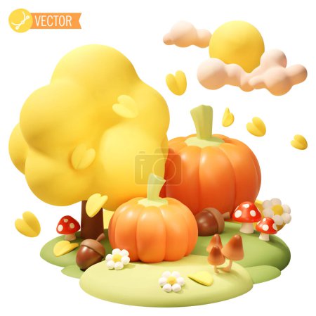 Vektorherbst Natur Illustration. Herbst- oder Altweibersommerstimmung. Kürbisse, Pilze, Eicheln, fallende gelbe Blätter vom Baum, Blumen Wolken und Sonne