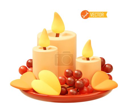 Illustration for Vector autumn candles with leaves. Fall decor, burning candles, yellow and orange leaves, guelder rose fruits - Royalty Free Image