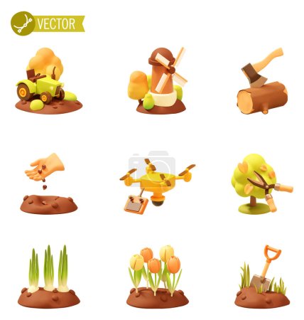 Illustration for Vector agriculture, farming and gardening icon set. Tractor, windmill, ax, seeding seeds, agricultural drone, tree trimming, plants and flowers, digging with shovel - Royalty Free Image