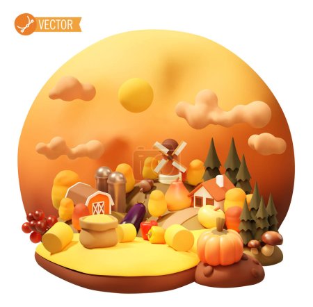 Illustration for Vector autumn rural farm landscape. Countryside nature. Field, windmill, silos, barn, farm buildings and house. Autumn fruits, vegetables and wheat harvest, pumpkin - Royalty Free Image