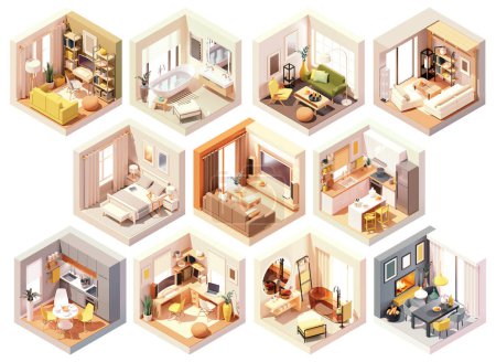 Illustration for Vector isometric home rooms set. Rooms cross-sections. Bedroom, living room, kitchen, home office, dining room. Furniture and decoration. Modern and classic interior design - Royalty Free Image