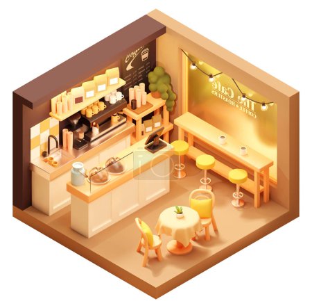 Vektorisometrisches Café oder Kaffeehaus. Cafe-Interieur mit großem Fenster, Kaffeemaschine und Mühle, Tischen, Stühlen, Theke, Kasse und Tafel-Menü