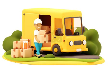 Ilustración de Vector Warehouse Worker o Courier Cargando furgoneta amarilla con cajas de cartón y caja de regalo. Ilustración de dibujos animados para entrega de compras y servicio de correo - Imagen libre de derechos