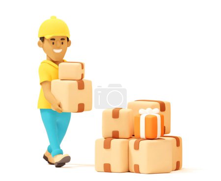 Vector Cartoon Warehouse Worker o Courier Llevando Cajas de Cartón. Ilustración para entrega de compras, servicio de correo o almacenamiento
