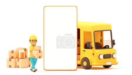 Illustration for Vector Warehouse Worker or Courier Loading Yellow Van with Cardboard Boxes and Gift Box. Big empty smartphone screen. Cartoon Illustration for Shopping Delivery and Mail Service - Royalty Free Image