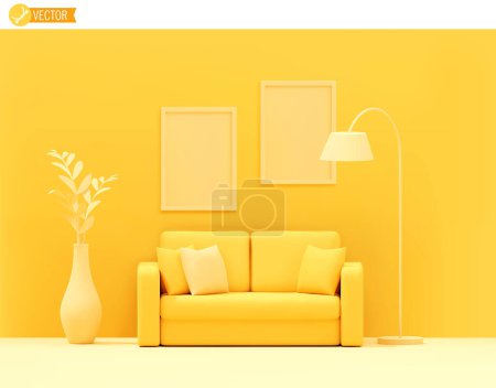 Téléchargez les illustrations : Canapé vectoriel jaune sur fond jaune. Salon de style minimal, canapé, plante, lampadaire. Illustration d'appartement confortable avec espace de copie - en licence libre de droit
