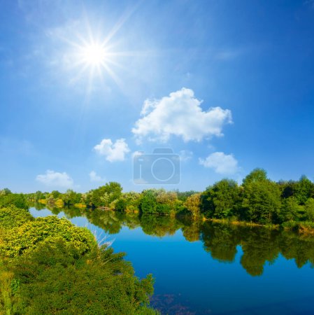 Téléchargez les photos : Rivière calme d'été avec forêt sur la côte à la journée ensoleillée - en image libre de droit