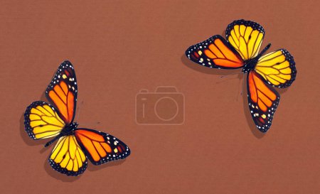 Foto de Mariposas monarca naranja brillante sobre marrón. mariposas de colores sobre cartón rojo-marrón. - Imagen libre de derechos