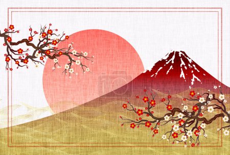 Ilustración de Mt. Fondo de la tarjeta de Año Nuevo de ciruela Fuji - Imagen libre de derechos