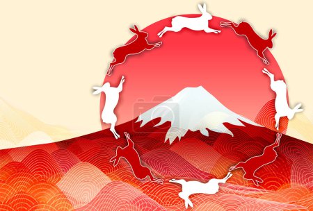 Illustration for Rabbit New Year's card Mt. Fuji background - Royalty Free Image