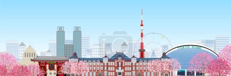 Illustration for Tokyo station famous place cherry blossoms background - Royalty Free Image