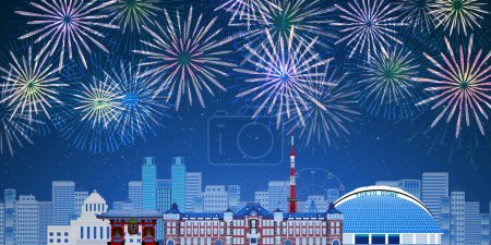 Illustration for Tokyo fireworks summer light sky background - Royalty Free Image