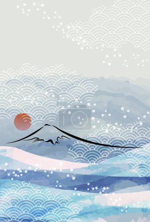 Téléchargez les illustrations : Fuji motif japonais Nengajo Nami Arrière-plan - en licence libre de droit