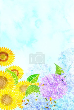 Photo for Sunflowers hydrangea watercolor summer background - Royalty Free Image